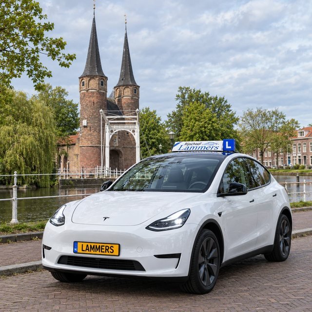 De witte Tesla Model Y van Rijschool Lammers aan het water bij de Oostpoort in Delft