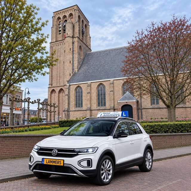 De witte Volkswagen T-Roc van Rijschool Lammers voor de kerk met de stompe, vierkante toren in De Lier