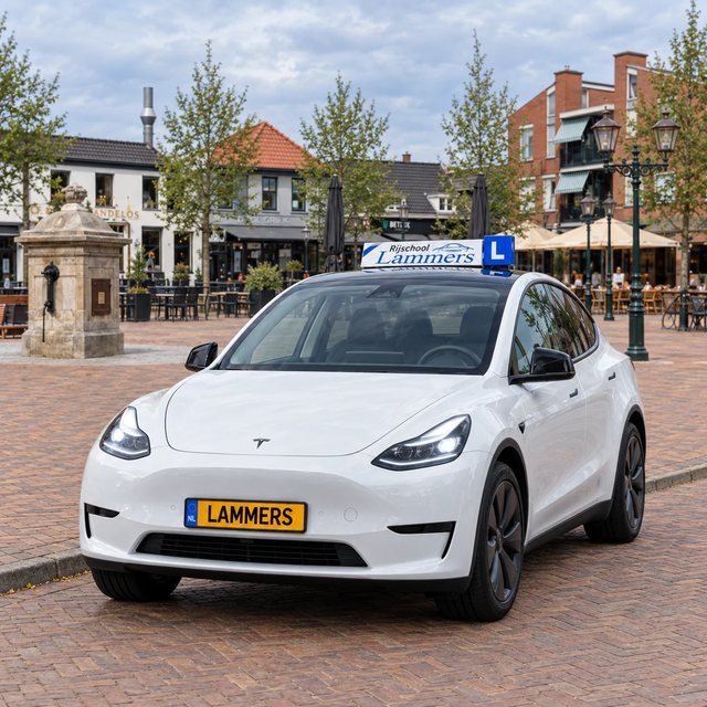 The white Tesla Model Y of Rijschool Lammers on the square with the stone water pump in 's-⁠Gravenzande