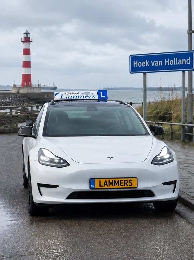 The white Rijschool Lammers Tesla by the red-and-white lighthouse in Hoek van Holland