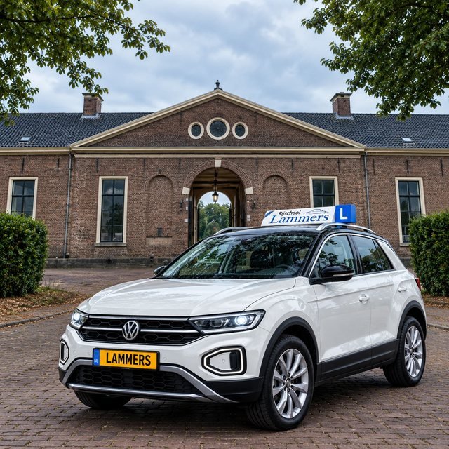 De witte Volkswagen T-Roc van Rijschool Lammers voor het gebouw met drie ronde ramen in Honselersdijk