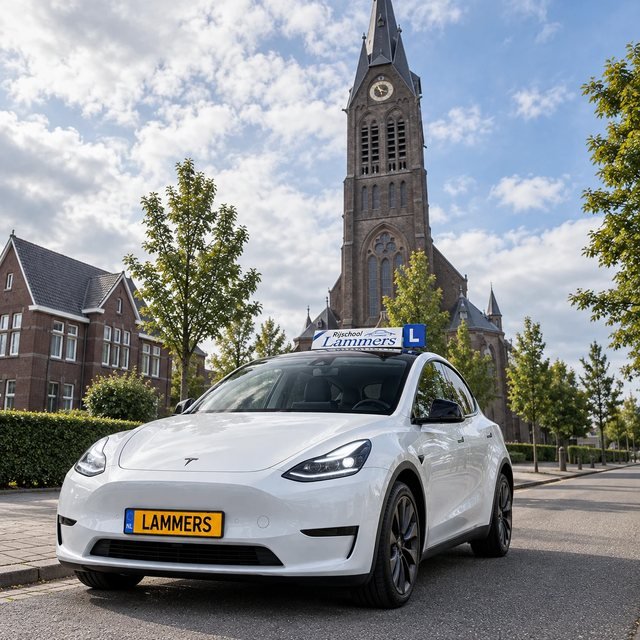 De witte Tesla Model Y van Rijschool Lammers voor de kerk met de hoge, smalle spits in Poeldijk
