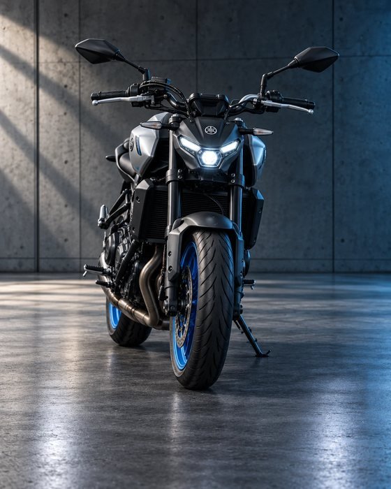 De Yamaha MT-07 lesmotor van Rijschool Lammers van voren, met blauwe velgen, in een betonnen studio