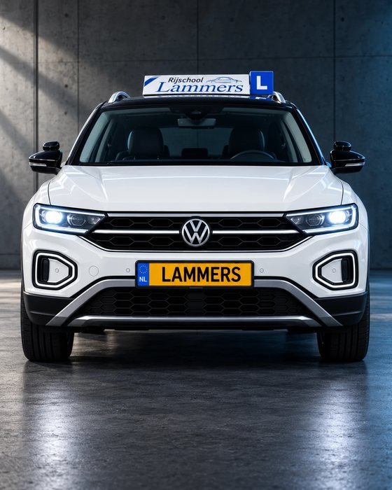 The white Rijschool Lammers Volkswagen T-Roc in a concrete studio